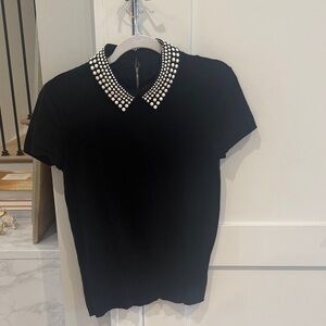 White House Black Market Black Tee with Pearl Collar